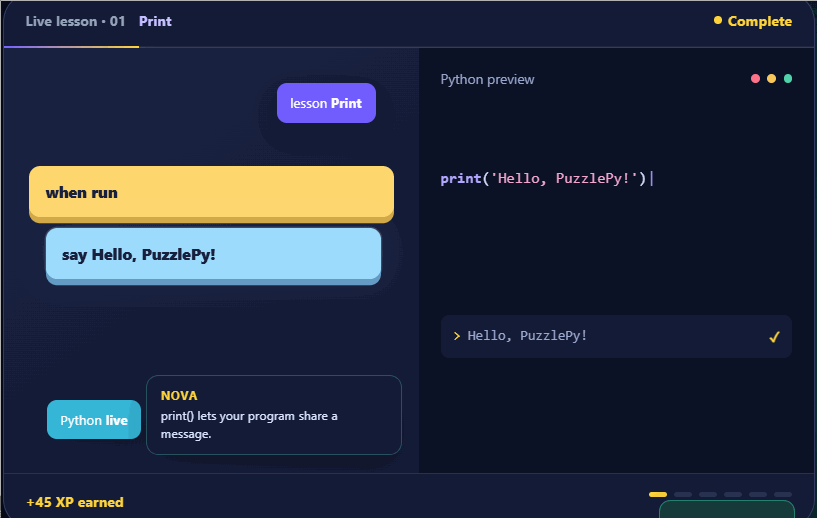 PuzzlePy visual programming lesson assembling blocks beside live generated Python